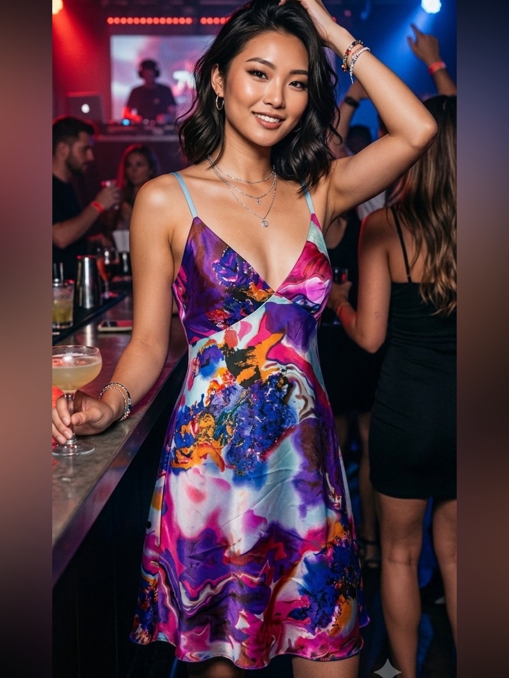 Figioni Vintage Abstract Psychedelic Satin Slip Dress Pink Purple L